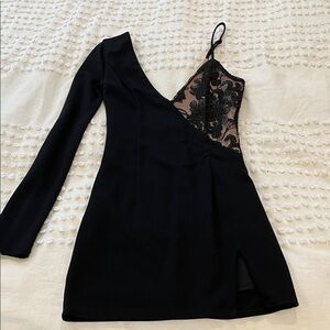 Chic Black One-Shoulder Dress with Lace Detail